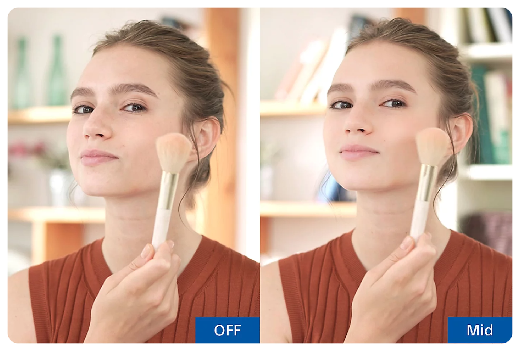 Sony A7 IV sample portait of woman holding makeup brush to her face with soft skin effect on and off